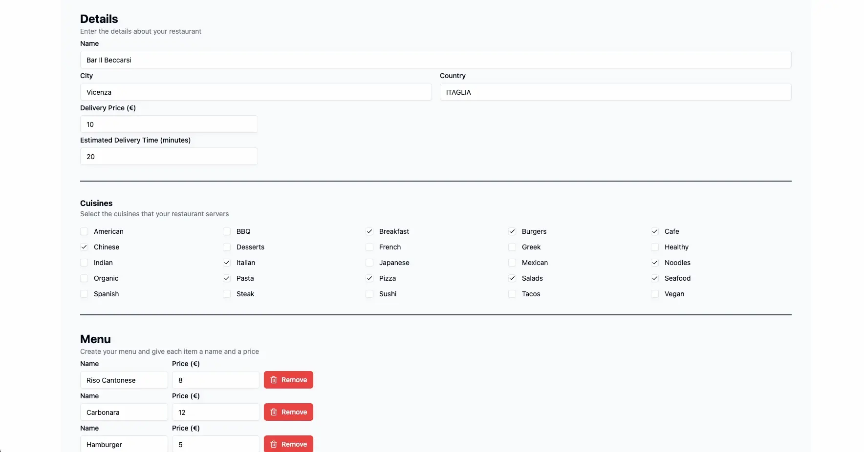 Manage restaurant info screenshot